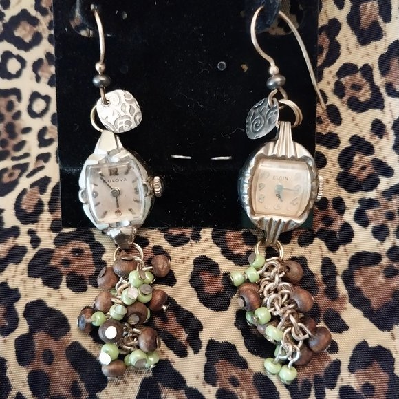 Jeaniemade Jewelry - 2601 Upcycled Watch Face Earrings With Gold and silver, 3" Long. Nickle free